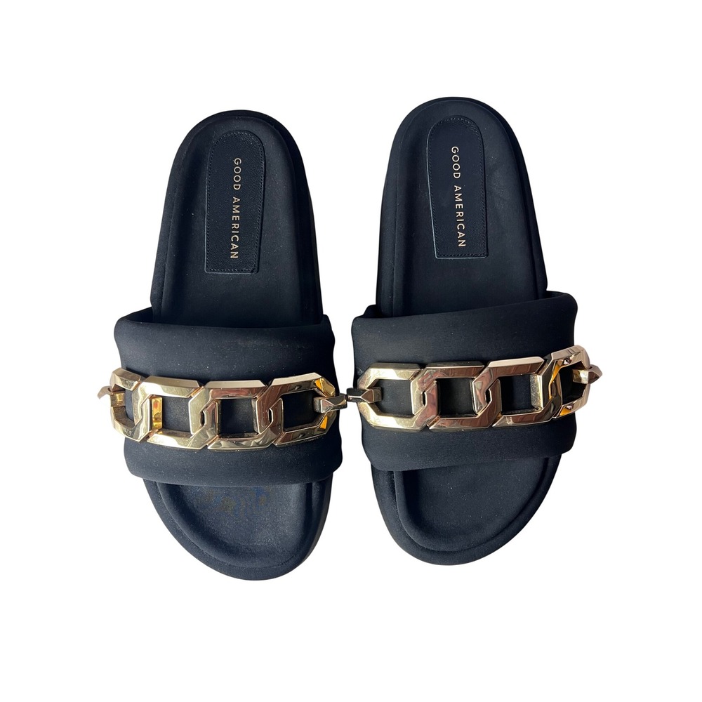 Good American Black Platform Slide Sandals Gold Chain Link Made in‎ Spain 7.5